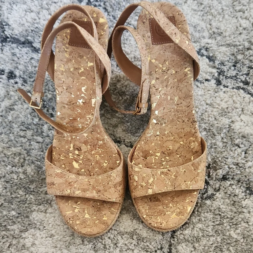 Tory Burch‎ Tan Wedge Sandals with Ankle Wrap Strap Design, Size 10